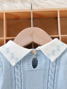 两件套男婴/女婴针织毛衣和裤子套装，圆领长袖套头衫，扭绳设计，时尚百搭，适合日常穿着、休闲装、居家装、户外装、旅行装，蓝色和浅蓝色 - 藍色 - 查看 6