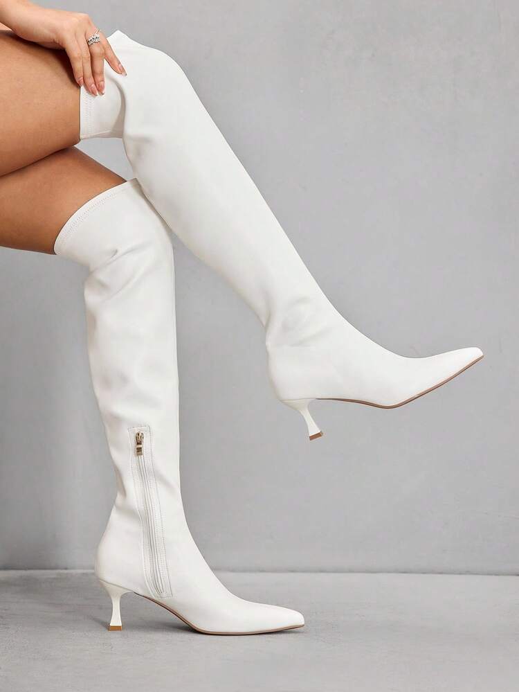 CUCCOO SZL Women's Autumn/Winter New White Fashion Super High Over-The-Knee Boots, Versatile Pointed Toe Kitten Heel Elegant Minimalist Elastic Thigh High Boots For Christmas Spring Shoes