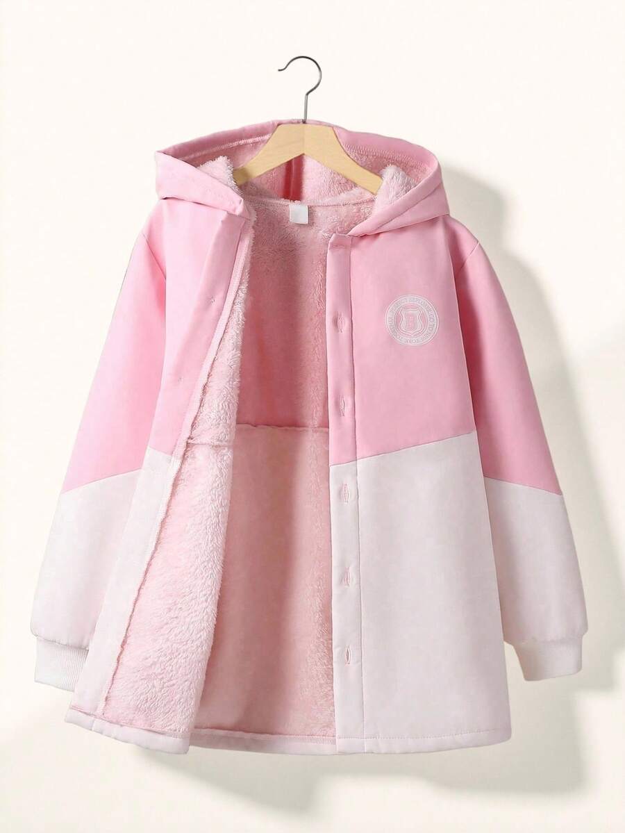 SHEIN Explorewe 少女连帽加厚绒复古印花中长款保暖外套,适合假日、夏季、旅行,2025返校季、大学校园运动服、冬季外套、抓绒外套、连帽外套、保暖冬装外套,秋季必备 - 彩色 - 查看 1