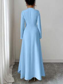 Firerie Robe longue élégante pour femmes, col rond, taille froncée, style A, manches longues, couleur unie, idéale pour le bureau, les déplacements, les vacances, les fêtes, le style rétro d'enseignante. Robe bleu clair, robe col montant, robe plissée style A, vêtements printemps automne hiver. Élégante, déplacements, rendez-vous, fête, mariage, remise de diplôme, soirée, tenue de travail, rentrée scolaire, fête annuelle, robe d'anniversaire pour femme