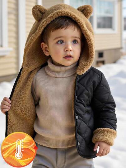 SHEIN Infant/Toddler Baby Boy Thick Thermal Lined Hooded Front-Zip Jacket, Suitable For Outdoor, Indoor, Sports, Baby Outerwear, Fall Winter 3M-3T Fall/Winter Neutral Baby Clothes Newborn Baby Clothes Unisex Jacket