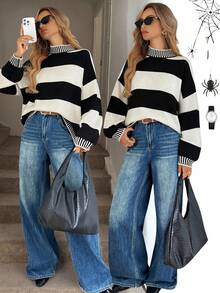 Easowa 秋季女士宽松休闲长袖圆领黑白条纹毛衣，秋冬季女士条纹上衣，秋冬季女士冬季毛衣，圣诞节女士圣诞毛衣，秋季女士，秋季女士，冬季女士冬季毛衣，万圣节服装，圣诞毛衣，新年造型 - 黑與白 - 查看 2