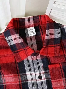 SHEIN 2 件套男婴/女婴红色格子领长袖上衣和牛仔裤套装，百搭休闲装，适合秋冬季