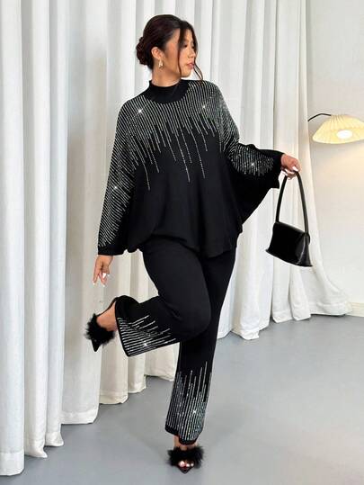 Firerie Plus Size Women Minimalist Sequin Contrast Color Long 2 Pieces Set/Winter