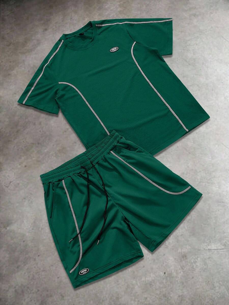 Manfinity EMRG Men's Casual Contrast Stitching Short Sleeve T-Shirt And Shorts Set, Summer - Green - View 1