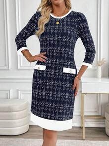 EMERY ROSE Váy vải tuýt thanh lịch tay 3/4 thời trang dành cho nữ - Xanh đậm - Xem 5