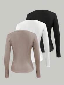 EMERY ROSE 3pcs Embroidered Horse Decor Slim Fit Crew Neck Long Sleeve T-Shirt Set - Multicolor - View 2