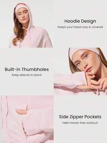 GLOWMODE Sudadera con capucha de manga larga con bolsillos laterales con cremallera, forro polar de modal, con ojales para el pulgar, para uso diario y casual - Rosa Pálido - Ver 3