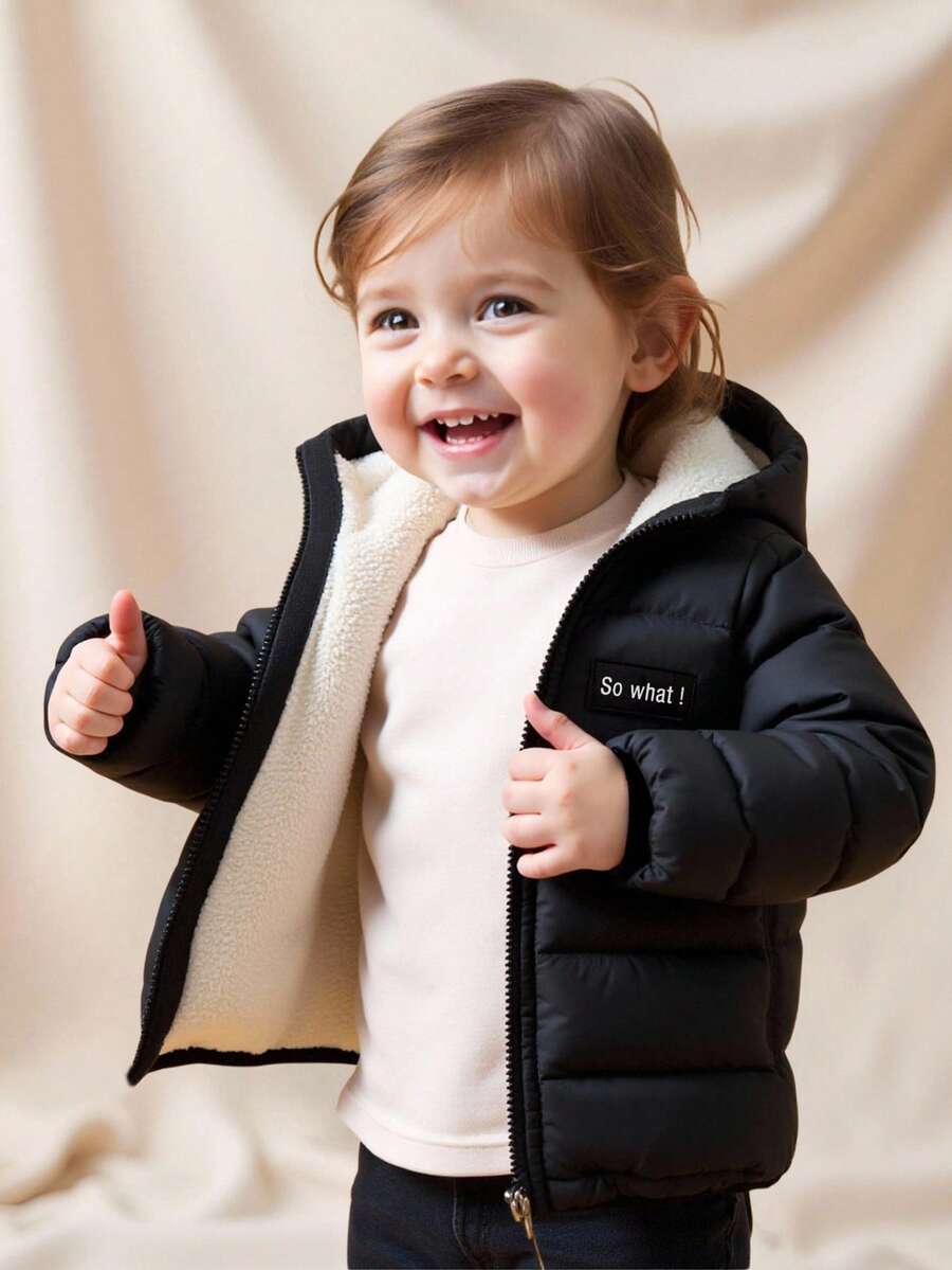 SHEIN Playful Pals Baby Boy Autumn&Winter Coat Casual Style Thicker And Warmer Jacket Winter Baby Jacket Toddler Winter Coat Fall - Black and White - View 1