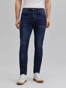 OFFICEAU 男士斜插口袋修身直筒牛仔裤，Old Money 春夏款 - 深色水洗藍 - 查看 1