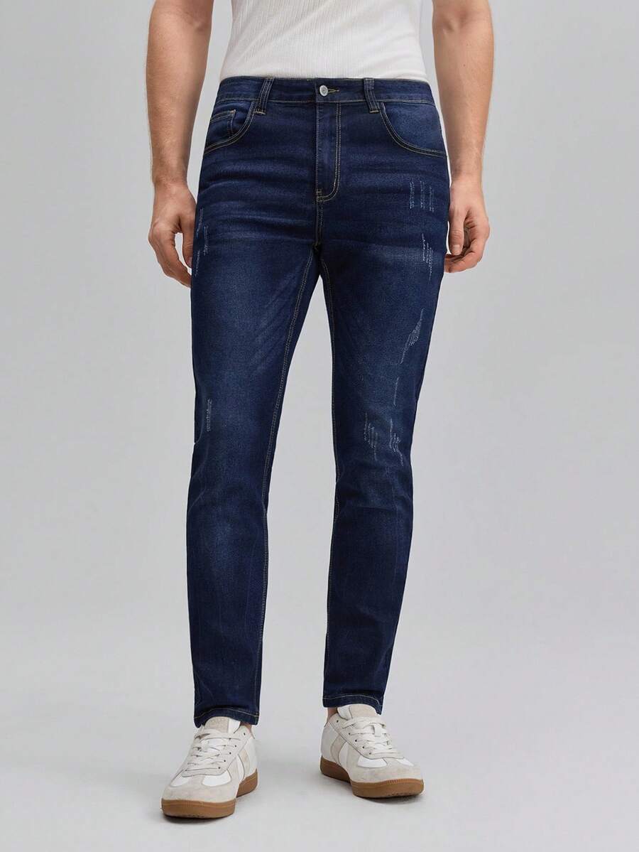 OFFICEAU 男士斜插口袋修身直筒牛仔裤，Old Money 春夏款 - 深色水洗藍 - 查看 1