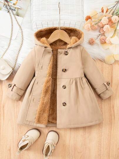 1-Pack Cute Baby Girl Khaki Mid-Length Hooded Jacket,Autumn Modest Formal Thermal Lined Winter Coat For Wedding,Birthday Party,School Vintage Clothes
