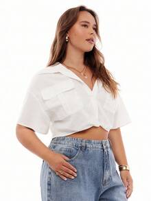 SHEIN EZwear Plus Size Women's Summer Casual Linen Blend Collared Shirt, White, Loose Fit, Front Pockets, Twist Hem, Hidden Buttons, Suitable For Daily Wear - White - View 4