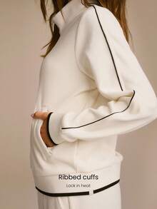 GLOWMODE ChillBound Zip Soft Warm Chill Lightweight Stretchy Waffle-Texture Fleece Ribbed Hem Cuffs Pockets Waist-Length Bomber Jacket Autumn Winter Outdoor Daily Casual - White - View 5