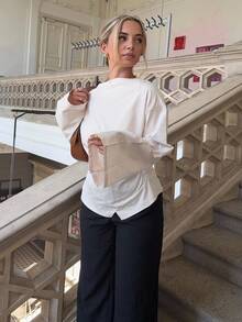 Jeta Ari 圆领喇叭袖短款办公室女士衬衫, 女款 - 杏色 - 杏色 - 查看 6