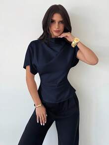 Firerie Crinkle Collar Asymmetrical Sleeve Side Ruched Cinched Waist Commuter Apricot Bamboo Fiber Linen Blouse For Women, All Season - Navy Blue - View 4