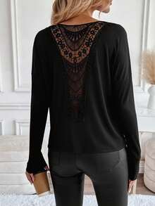 EMERY ROSE 女式休闲纯色蕾丝拼布T恤，秋季 - 黑色 - 查看 4