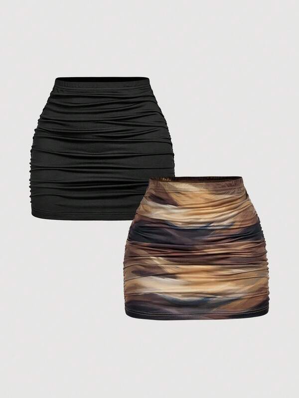 SHEIN MOD 2pcs Women's Casual Minimalist Ruched Bodycon Mini Skirt Set,Halloween Costumes,Vacation Outfits Women,2000s Clothes,Christmas Costume