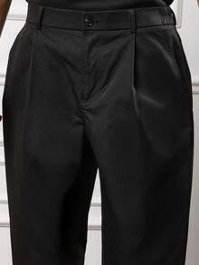 SUMWON 宽松斜纹布裤，前褶经典商务休闲正装裤，办公室穿着，高腰阔腿 - 黑色 - 查看 5