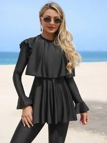 Swim Mulvari 纯色优雅度假女式双层连衣裙，带荷叶边肩部布基尼泳衣套装，适合度假和海滩 - 黑色 - 查看 5