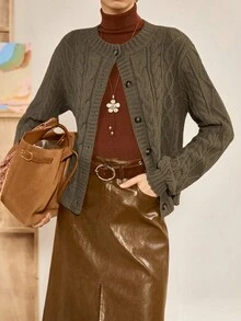 Florisole كارديجان نسائي كاجوال أحادي الصدر بتصميم حبل مجدول، طويل الأكمام، للخريف/الشتاء - أخضر عسكري - مشاهدة 6