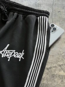 AXEPEAK 男士撞色条纹和字母印花连帽衫和运动裤套装，秋冬装 - 黑色 - 查看 8