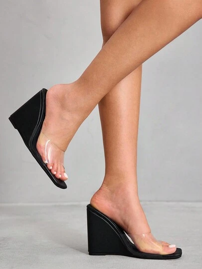 CUCCOO SZL 女士黑色方头粗跟透明 PVC 材质一脚蹬凉鞋，时尚舒适，适合休闲、聚会和宴会