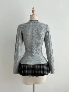 Elamini Áo khoác cardigan dệt kim dài tay bó sát màu trơn có túi dành cho nữ, mùa thu - Xám - Xem 2