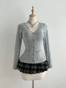 Elamini Áo khoác cardigan dệt kim dài tay bó sát màu trơn có túi dành cho nữ, mùa thu - Xám - Xem 6