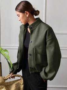 DAZY 女式休闲纯色立领口袋短款夹克，秋季 - 墨綠色 - 查看 3