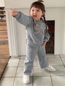 DAZY 2件套女婴圆领蝴蝶结装饰长袖卫衣和宽松运动裤套装，幼儿女童服装 - 灰色 - 查看 2