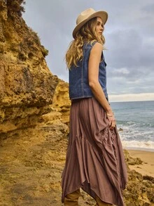 Aralina 秋冬西部波西米亚风纹理不对称拼接下摆长裙乡村音乐会 - 棕色 - 查看 2