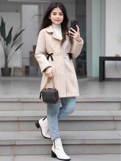 SHEIN Tween Girl' 灰色长款双排扣蝴蝶结装饰大衣，适合度假、夏季和旅行