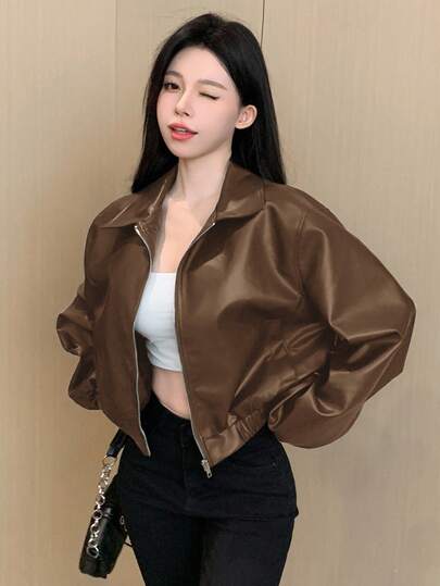 DAZY 女士宽松休闲街头时尚棕色纯色PU皮短外套，适合秋、冬、春季穿着，Y2K风格