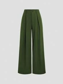 SHEIN PETITE Plus Size Pleated Detail Versatile Office Pants - Army Green - View 1