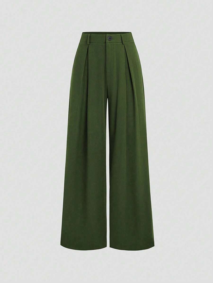 SHEIN PETITE Plus Size Pleated Detail Versatile Office Pants - Army Green - View 1