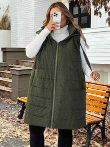 SHEIN CURVE+ Chaleco acolchado con capucha y bolsillos para mujer de talla grande, de otoño/invierno - Verde militar - Ver 5