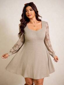 Elaquor Plus Size Elegant Romantic Lace Patchwork Sweetheart Neck Knitted Stretchy Solid Color Knee-Length Dress For Women Spring