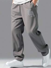 SHEIN Teens/Youth Boys Casual Letter Embroidered Sweatpants, Solid Color All-Match Versatile Pants Suitable For Commuting, School, Daily Casual, Travel, Outdoor Party, Sports, Autumn/Winter Grey Sweatpants Baggy Sweatpants Teen Sweatpants Grey Joggers Fall Autumn And Winter Jogging Pants Grey Sweats Baggy Pants Trackpants