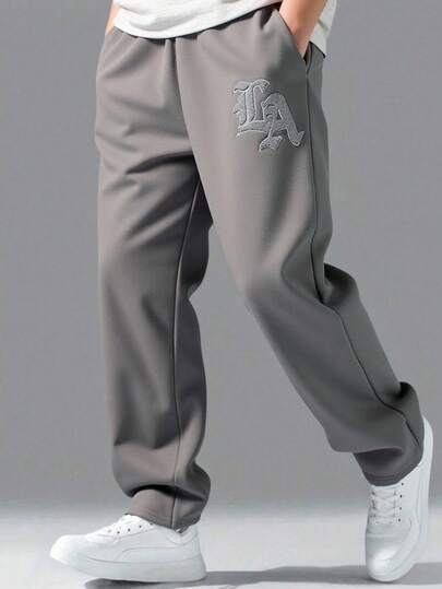 SHEIN 青少年休闲字母刺绣运动裤，纯色百搭百搭裤，适合通勤、上学、日常休闲、旅行、户外派对、运动、秋冬