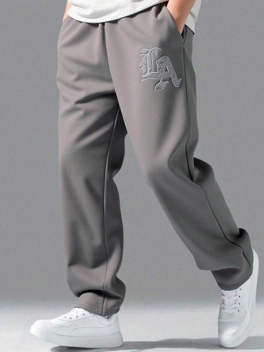 SHEIN Teens/Youth Boys Casual Letter Embroidered Sweatpants, Solid Color All-Match Versatile Pants Suitable For Commuting, School, Daily Casual, Travel, Outdoor Party, Sports, Autumn/Winter Grey Sweatpants Baggy Sweatpants Teen Sweatpants Grey Joggers Fall Autumn And Winter Jogging Pants Grey Sweats Baggy Pants Trackpants