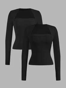 SHEIN EZwear 2 piezas Camisetas de manga larga casuales y minimalistas de talla grande en negro, para otoño/invierno