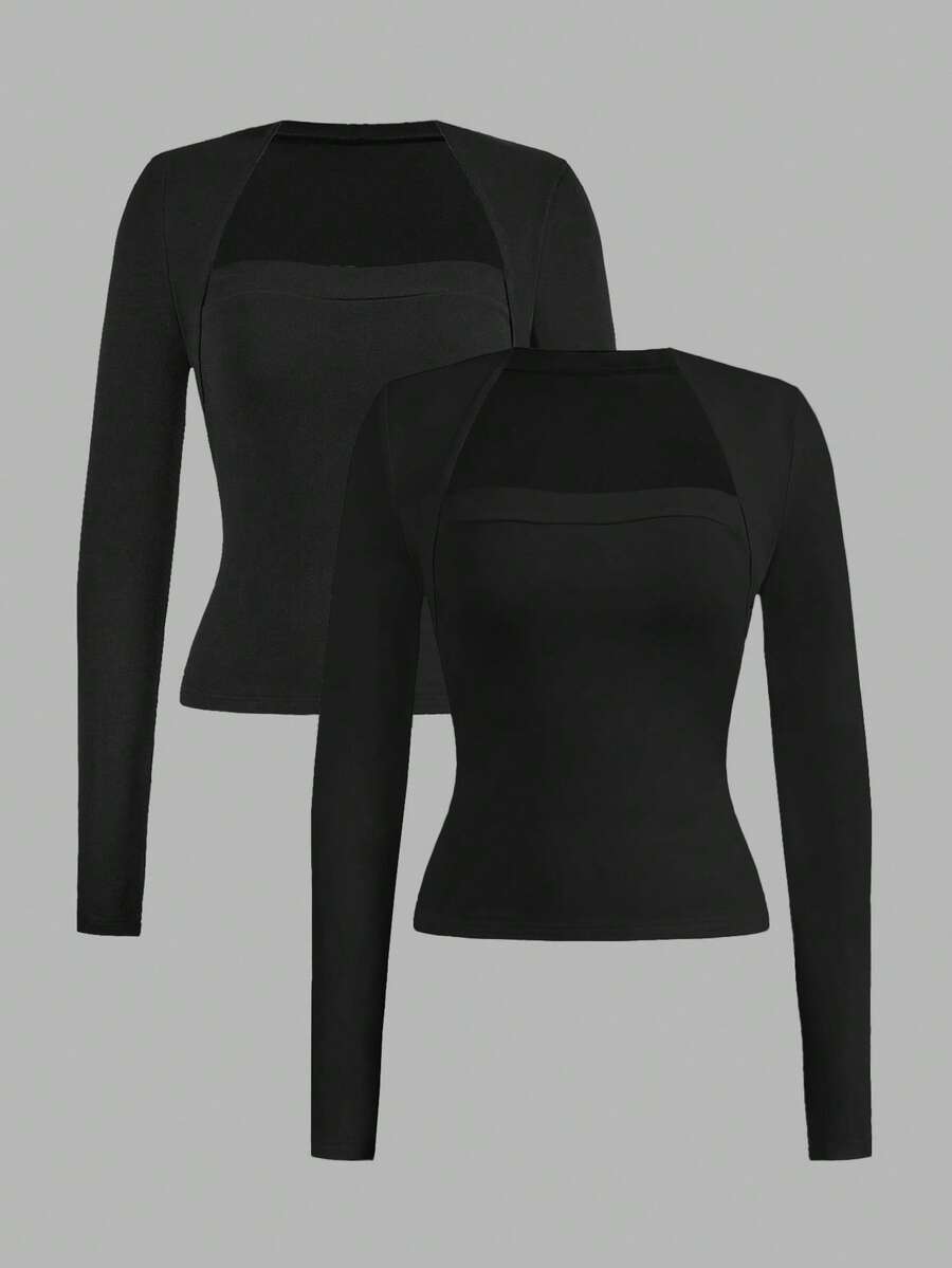 SHEIN EZwear 2 piezas Camisetas de manga larga casuales y minimalistas de talla grande en negro, para otoño/invierno