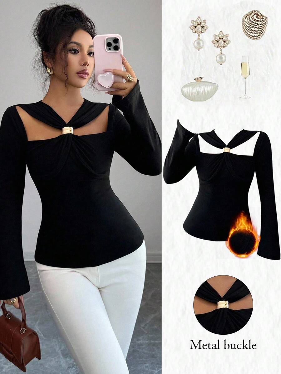 Selianne Áo thun nữ dáng ôm khoét lỗ màu trơn thanh lịch dành cho người đi làm - màu đen - Xem 1