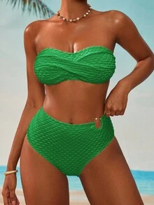 Swim Basics Women's Solid Color Textured Fabric Crisscross Bust Bandeau Bikini Set, Beach Resort Style, Summer - Green - View 3