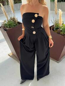 Siren Gaze Women's Solid Color Off-The-Shoulder Metal Button Ruched Elegant Jumpsuit, Sexy Elegant Commuter Wide-Leg Pants, Spring/Summer Clothing, Commuting, Elegant, Sexy, Music Festivals, Romantic, Dating, Parties, Wedding Season, Graduation Outfit, Graduation Prom, Performance Costume, Concert, Work Attire