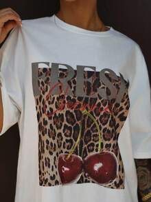 SAYEHFBABY Camisetas Femininas Estampa de Leopardo Fresca Gráfico de Cereja Top Oversized Legal Dia a Dia Férias de Verão Top Gráfica Oversized Aeroporto Feriado Festival Volta às Aulas Outono Inverno Verão - Branco - Visão 3