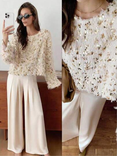 Elyressa 1 pieza Suéter holgado y relajado con cuello redondo, diseño europeo con lentejuelas esponjosas, elegante y cómodo para mujer en invierno