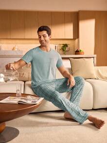 Manfinity Underwear&Sleepwear Basics Men's Pocket Crew Neck Short Sleeve Top And Plaid Pants Pajama Set Men Lounge Set Men Pjs Set - Mint Green - View 5