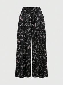 ROMWE Gothic Style Floral Print Elastic Waist Loose Women Pants - Black - View 1